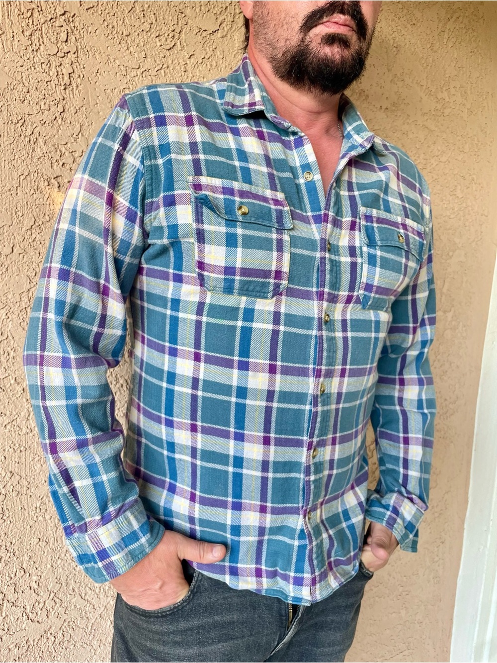 Men's Plaid Button-Down Shirt in Teal & Purple